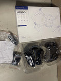 Mini quadcopter drone kit with black propellers and components in blister pack