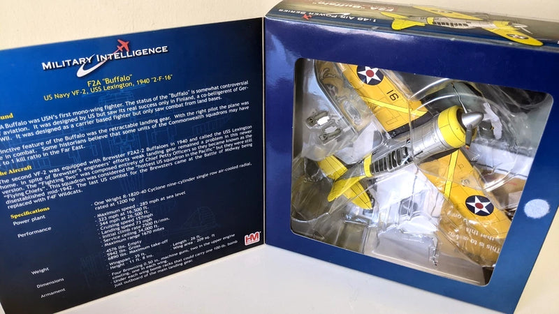 Hobby Master 1/48 F2A Buffalo fighter model in box window, yellow and white