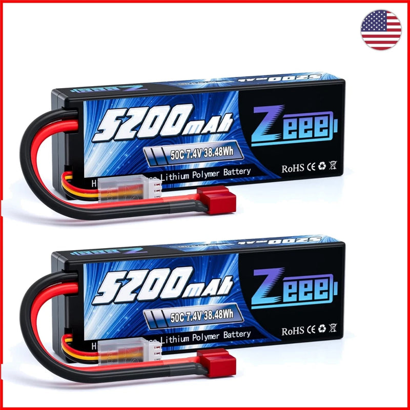 7.4V Lipo Battery 50C 5200mAh - 2S Hard Case for RC Vehicles (2 Pack) Battery