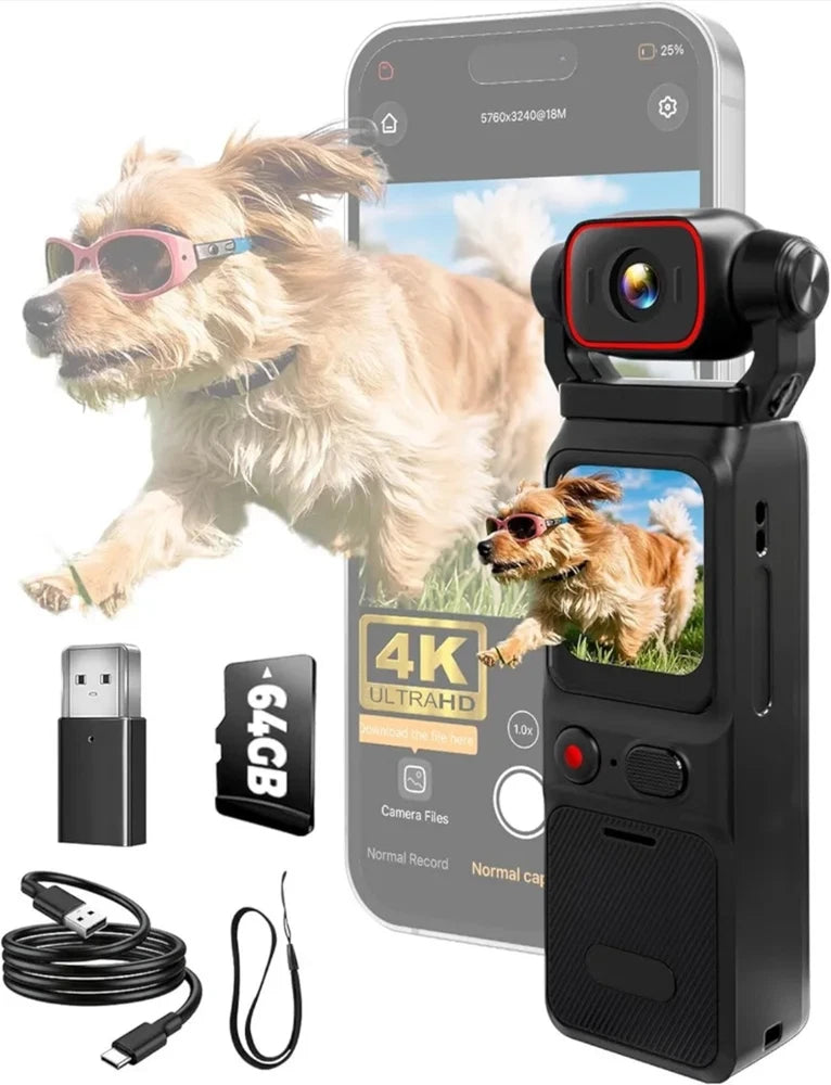 4K Ultra HD Action Camera, 5760x3240, Wi-Fi, EIS, 1.69" Display, 64GB SD Card
