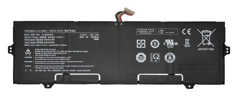 Laptop battery pack, black rectangular with label and wiring connector ends