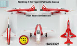 Red and white F-5E Tiger II scale model jet, front and side views
