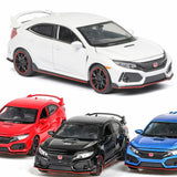 Diecast model car set with four Honda hatchbacks: white, red, black, and blue.