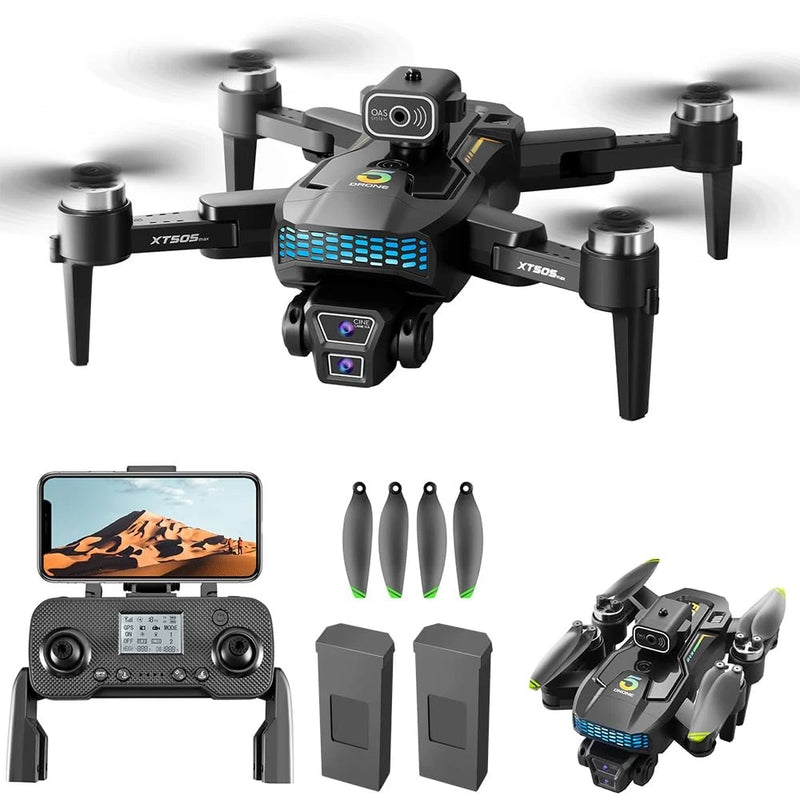 Dark gray foldable FPV drone kit with 4K camera, controller, and 4 propellers