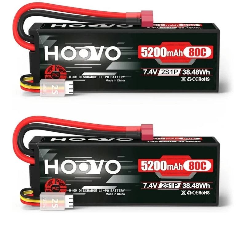 Hoovo 7.4V 2S LiPo battery with red/black wires, 5200mAh 80C, 38.48Wh