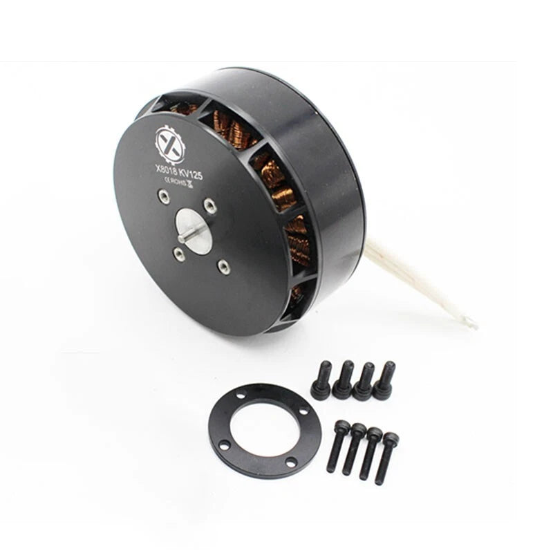 Brushless drone motor with black casing, copper windings, wire lead, mounting screws