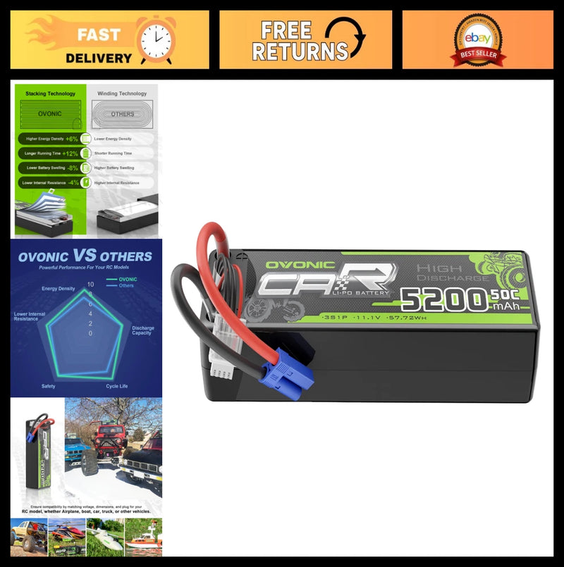 High-Performance 3S Lipo Battery 50C 5200mAh 11.1V EC5 for RC Cars & Trucks Battery