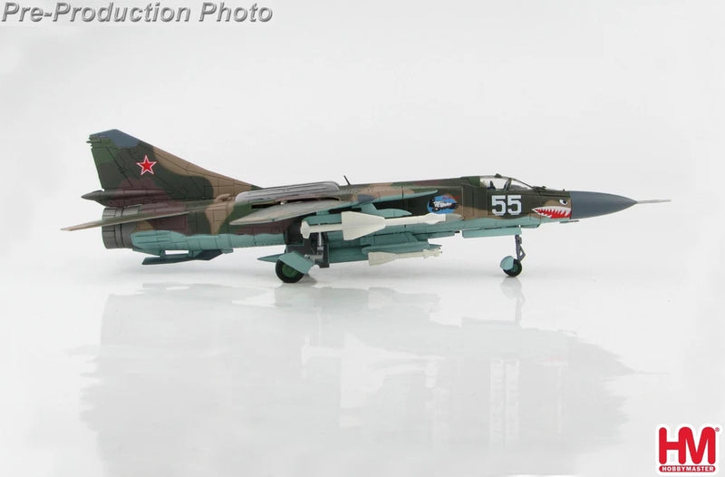 1/72 scale MIG-23 fighter jet model, green camouflage, nose marked 55, landing gear down.