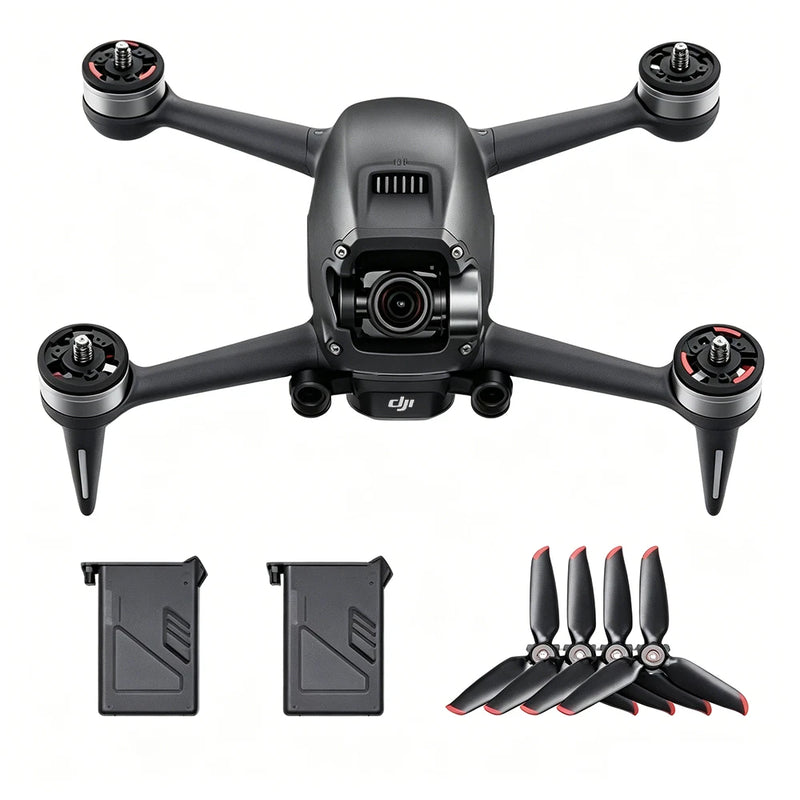DJI FPV 4K drone with front camera, four propellers, two batteries and spare prop set
