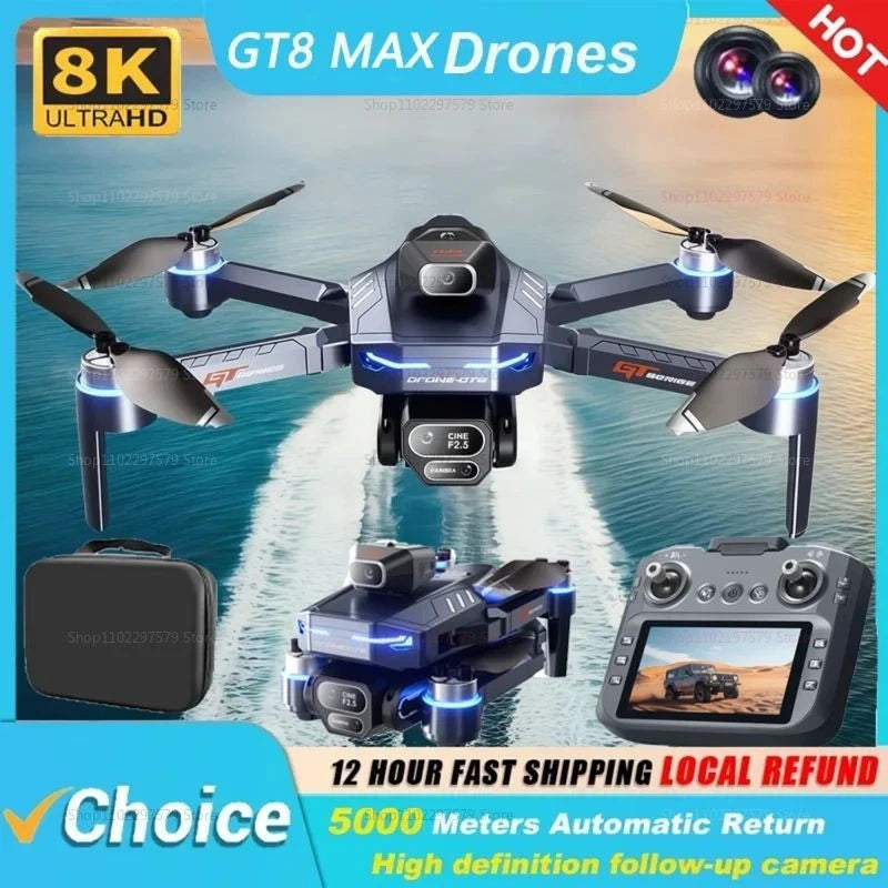 Foldable quadcopter drone with front camera, blue lights, and remote controller display