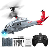 Gray and red RC helicopter with spinning rotor, blue nose light, and black remote controller