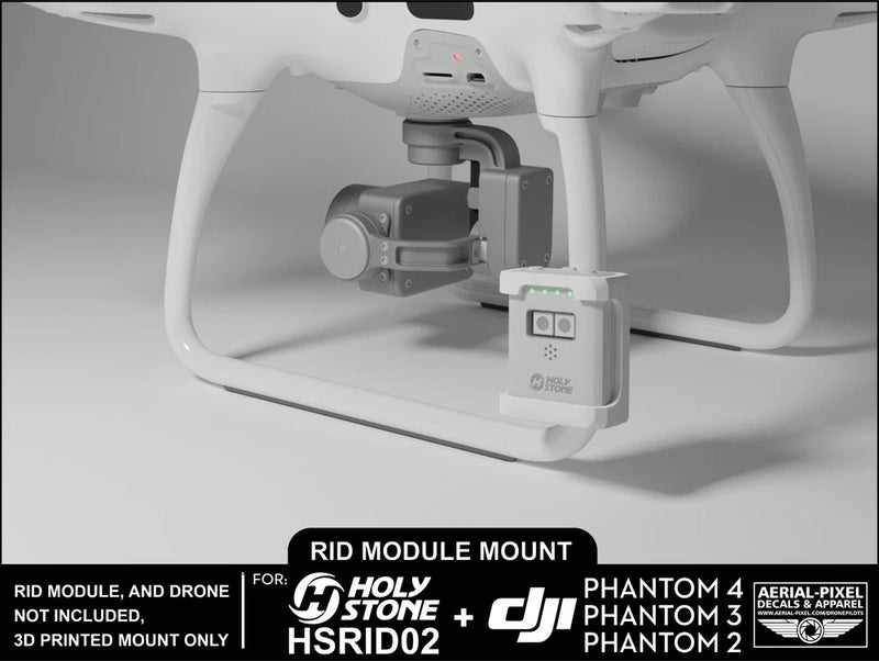 Drone Remote ID module mount with attached module on underside, gray