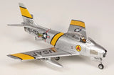 1/72 F-86E Sabre model aircraft, gray with yellow nose and tail stripes, landing gear