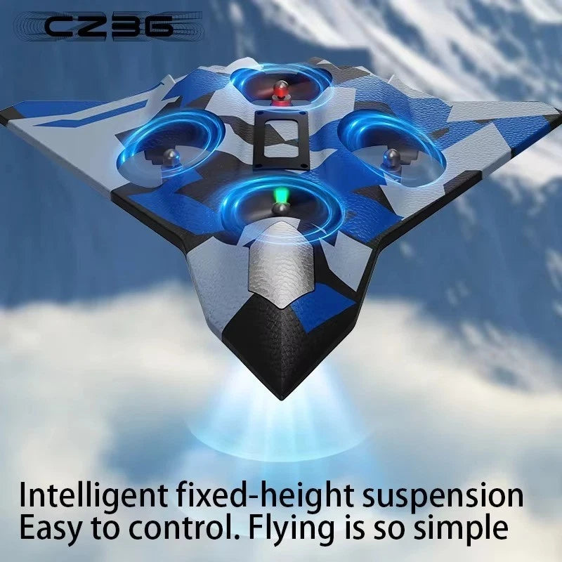 Foam remote-control drone with blue LED prop rings and four rotors, hover-ready