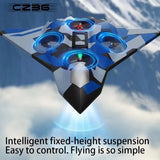 Foam remote-control drone with blue LED prop rings and four rotors, hover-ready