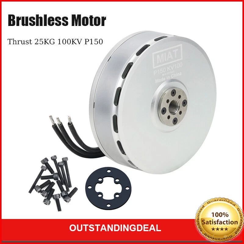 Brushless drone motor with prop adapter plate and three black wire leads