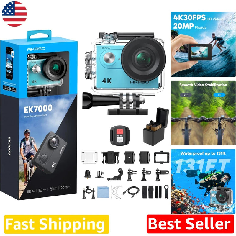 Ultra HD 4K Action Camera: 20MP EIS WiFi, 131ft Waterproof, Remote Control, Blue