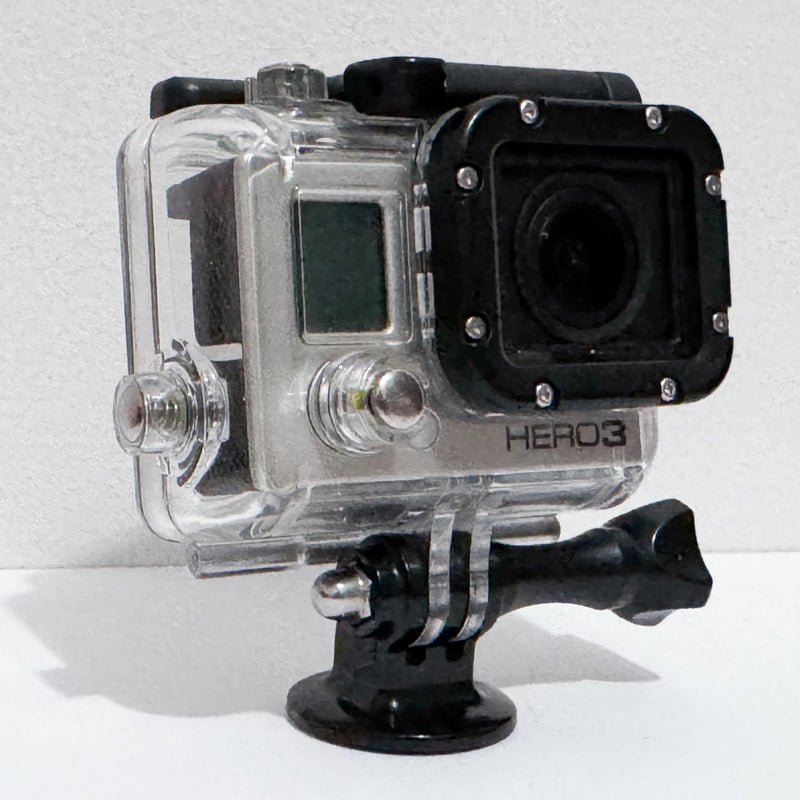 GoPro HERO3 action camera in clear waterproof case with black housing and mount
