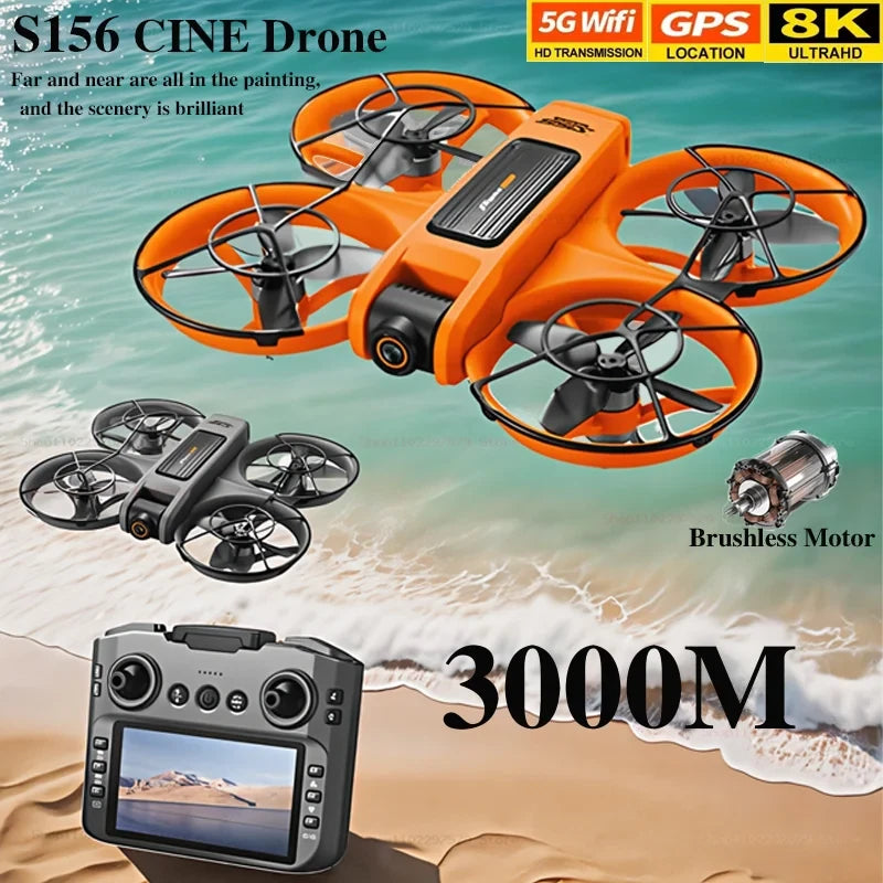 Orange quadcopter drone with four propellers and orange controller with screen