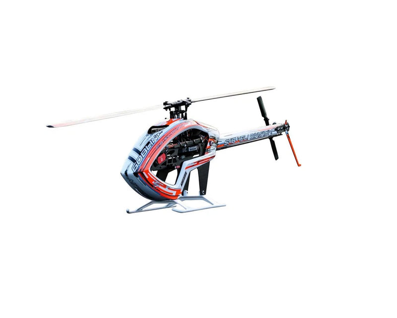 Orange and white electric helicopter kit, 2-blade rotor and landing skids