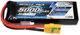 Black RC LiPo battery pack with orange XT90 connector and red balance lead