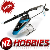 Blue and black RC helicopter with landing skids and tail boom