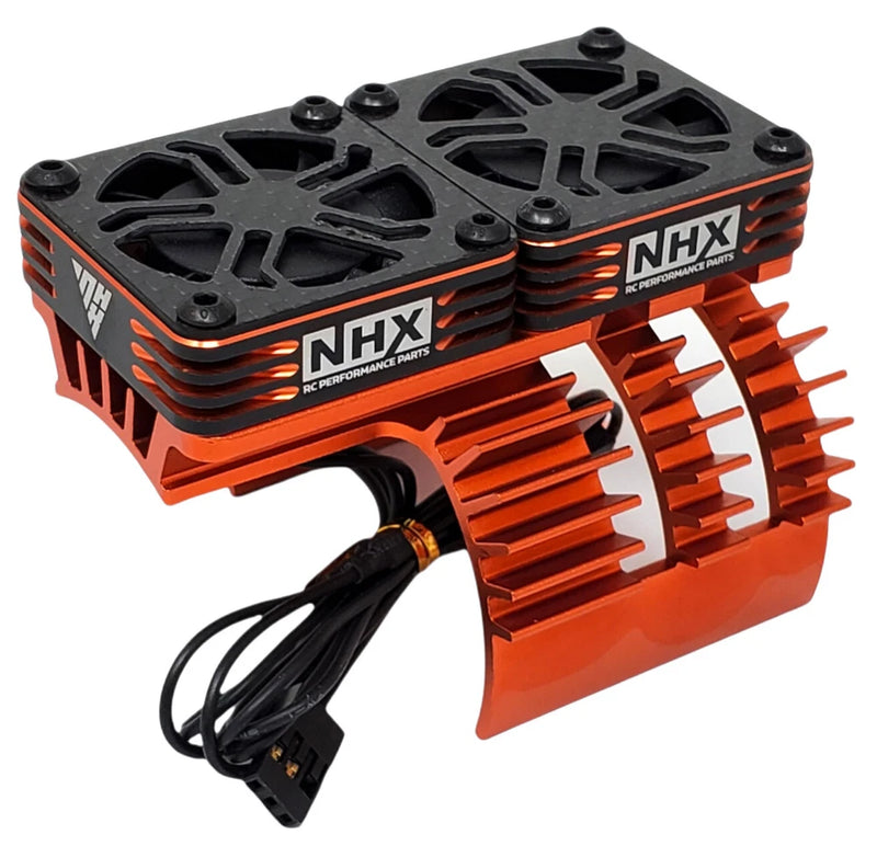 NHX twin RC cooling fan heatsink with cover, orange aluminum, black fan guards and wires