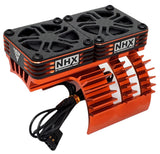 NHX twin RC cooling fan heatsink with cover, orange aluminum, black fan guards and wires