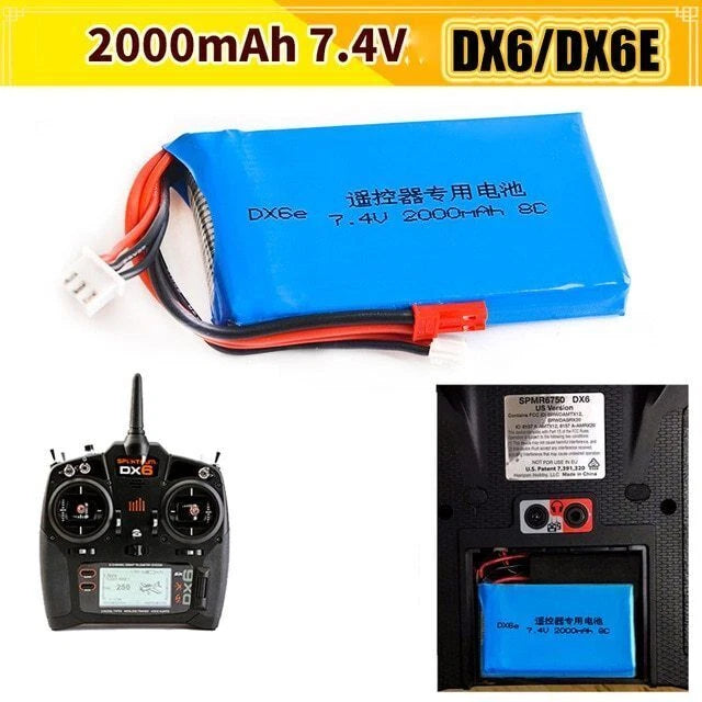 RC Li-Po battery pack with blue case, balance lead, and connector for DX6/DX6E