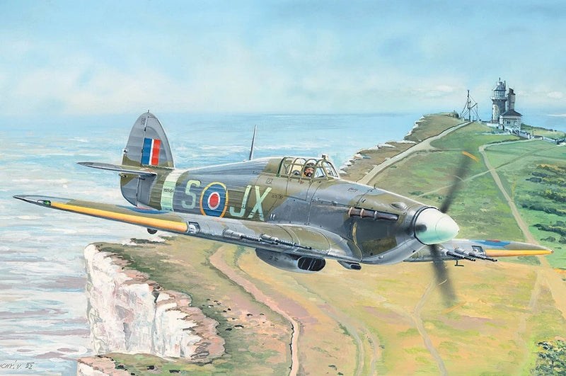 1/48 scale WWII fighter aircraft model, camo and roundel, side view