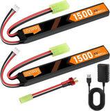 2Pcs 7.4V 1500mAh 35C Airsoft Battery Mini Tamiya Plug with USB Charger Cable