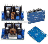 DC-DC XL4016 step-down module with blue PCB, inductor coil, and in/out terminals