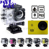 Sports action camera in clear waterproof case with yellow body and large front lens