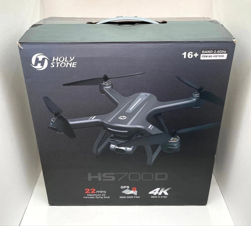 Holy Stone HS700D drone with four propellers shown on retail box