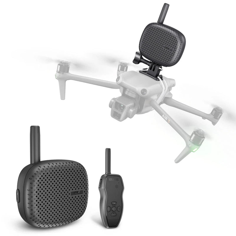 Portable drone speaker megaphone with remote control and mounted unit