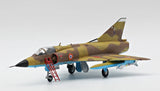 Yellow and camo fighter jet model with black nose, landing gear down and missiles