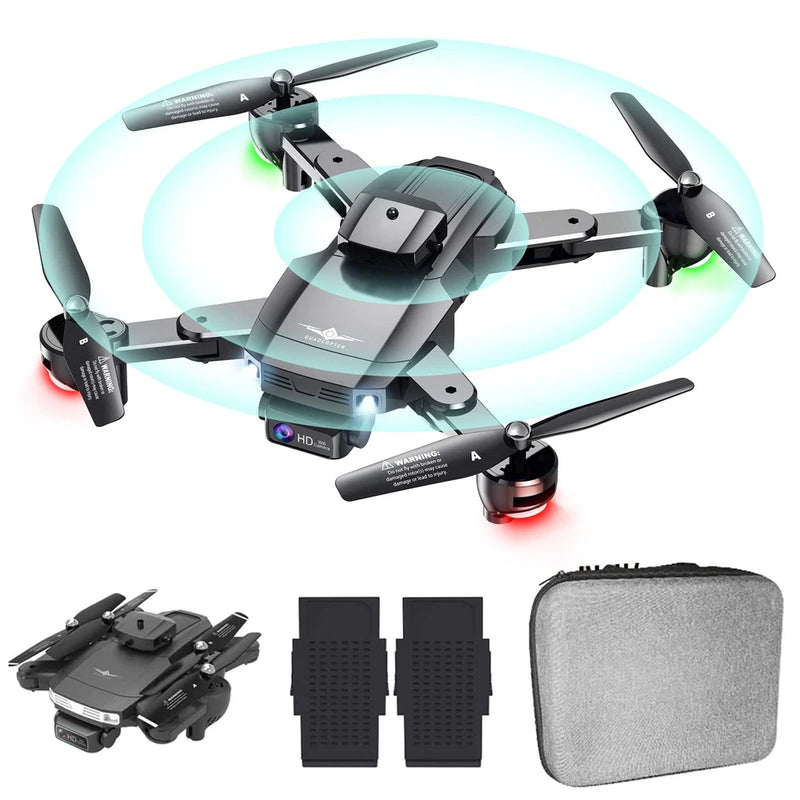 Foldable gray quadcopter with front camera, four propellers, and included landing pads and case