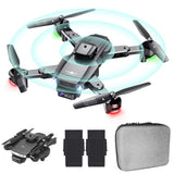 Foldable gray quadcopter with front camera, four propellers, and included landing pads and case