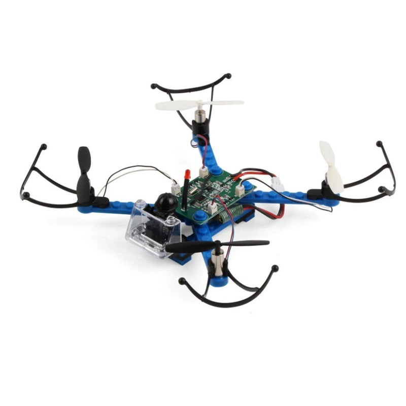 Quadcopter drone kit with circuit board, propellers, and blue frame arms