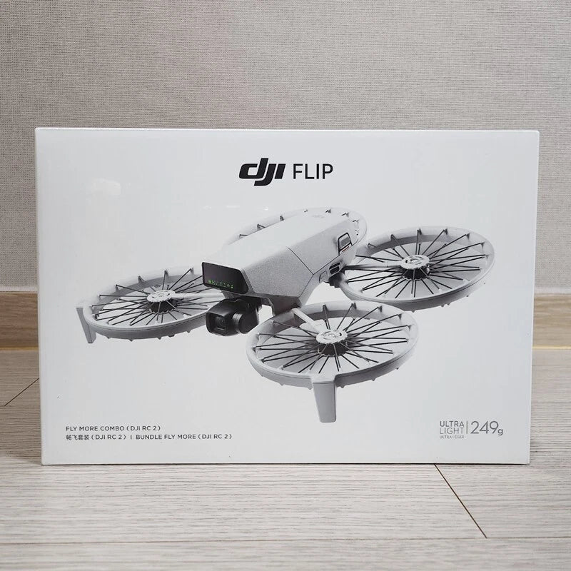 DJI Flip camera drone retail box with drone illustration and “FLIP” branding