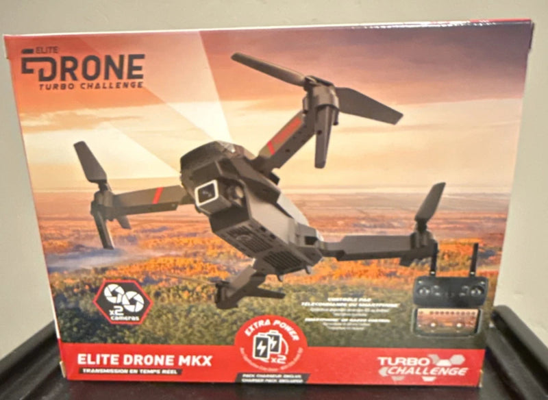 Elite Drone MKX quadcopter box with 2-camera drone illustration and remote