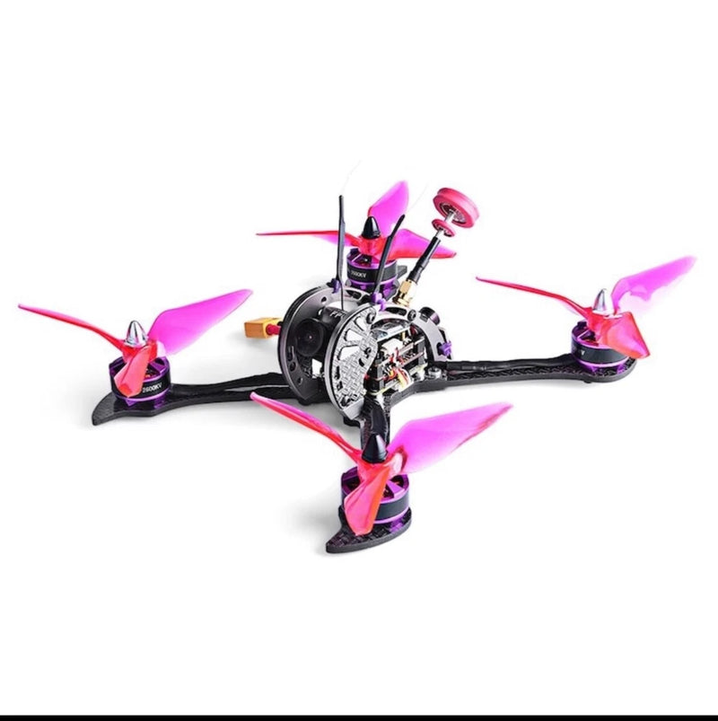 FPV racing quadcopter drone with pink propellers and black frame
