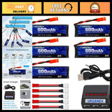 RC LiPo battery pack with JST plug and X5 charger, multiple 600mAh batteries shown