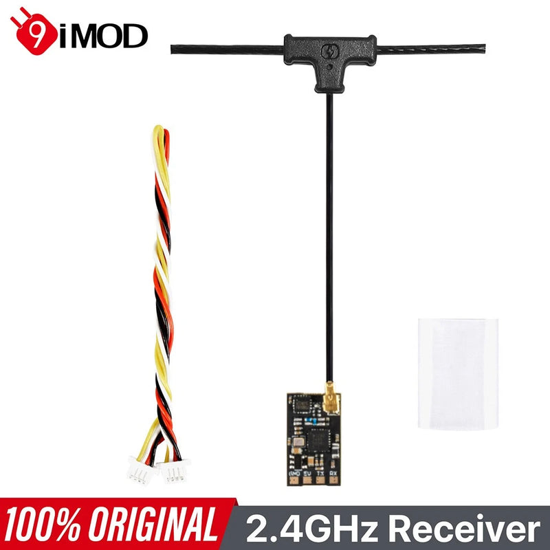 2.4GHz FPV receiver module with black T antenna and multicolor wiring harness