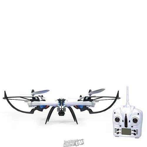 White quadcopter drone with blue lights and remote controller