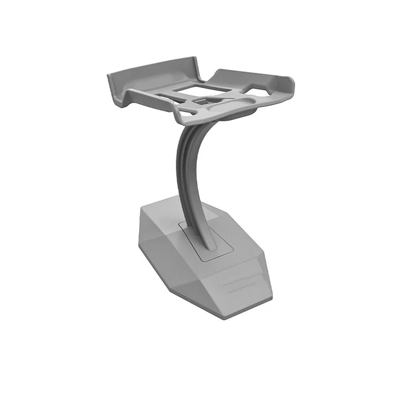 Gray drone display stand with curved pedestal and cradle platform