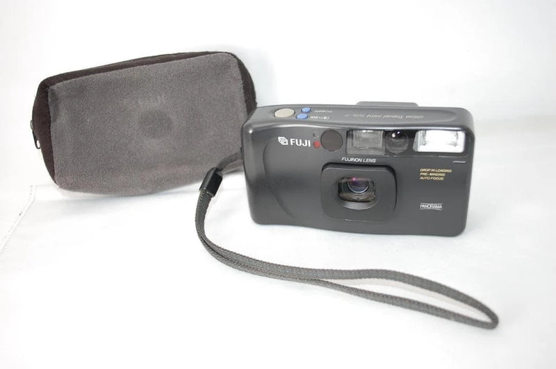 FUJI Fujifilm CARDIA travel mini DUAL P camera with gray zip case and wrist strap