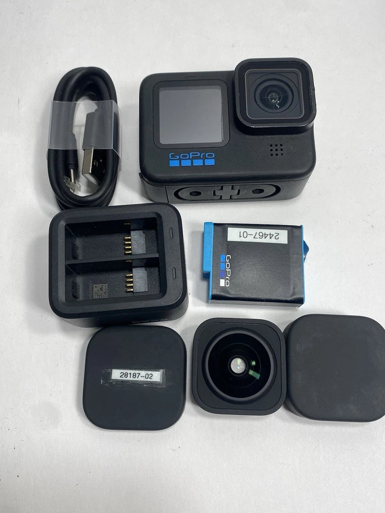 GoPro HERO10 Black action camera bundle with accessories: battery, SD card, cable case