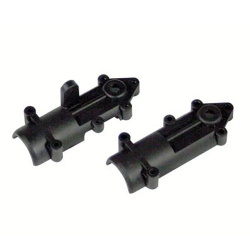RC helicopter tail gearbox housings, dark plastic, with mounting holes.