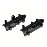 RC helicopter tail gearbox housings, dark plastic, with mounting holes.